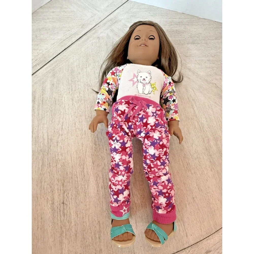 American Girl Truly Me 59 Doll 18” Brown Hair Eyes in Coconut the pup PJs Set